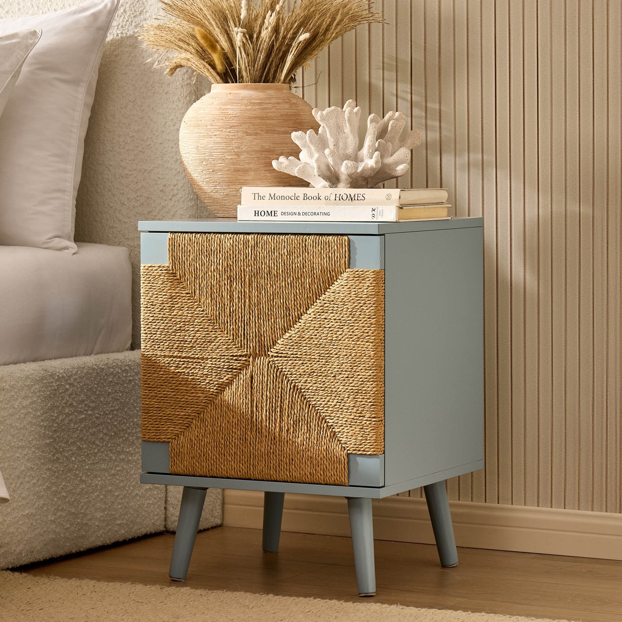 Table de chevet tissée avec porte - Bleu ciel