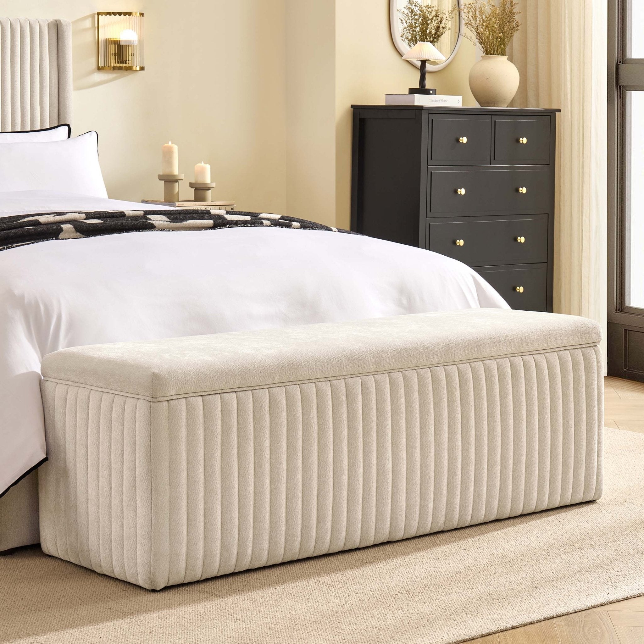 Banc de rangement nervuré - Chenille ivoire