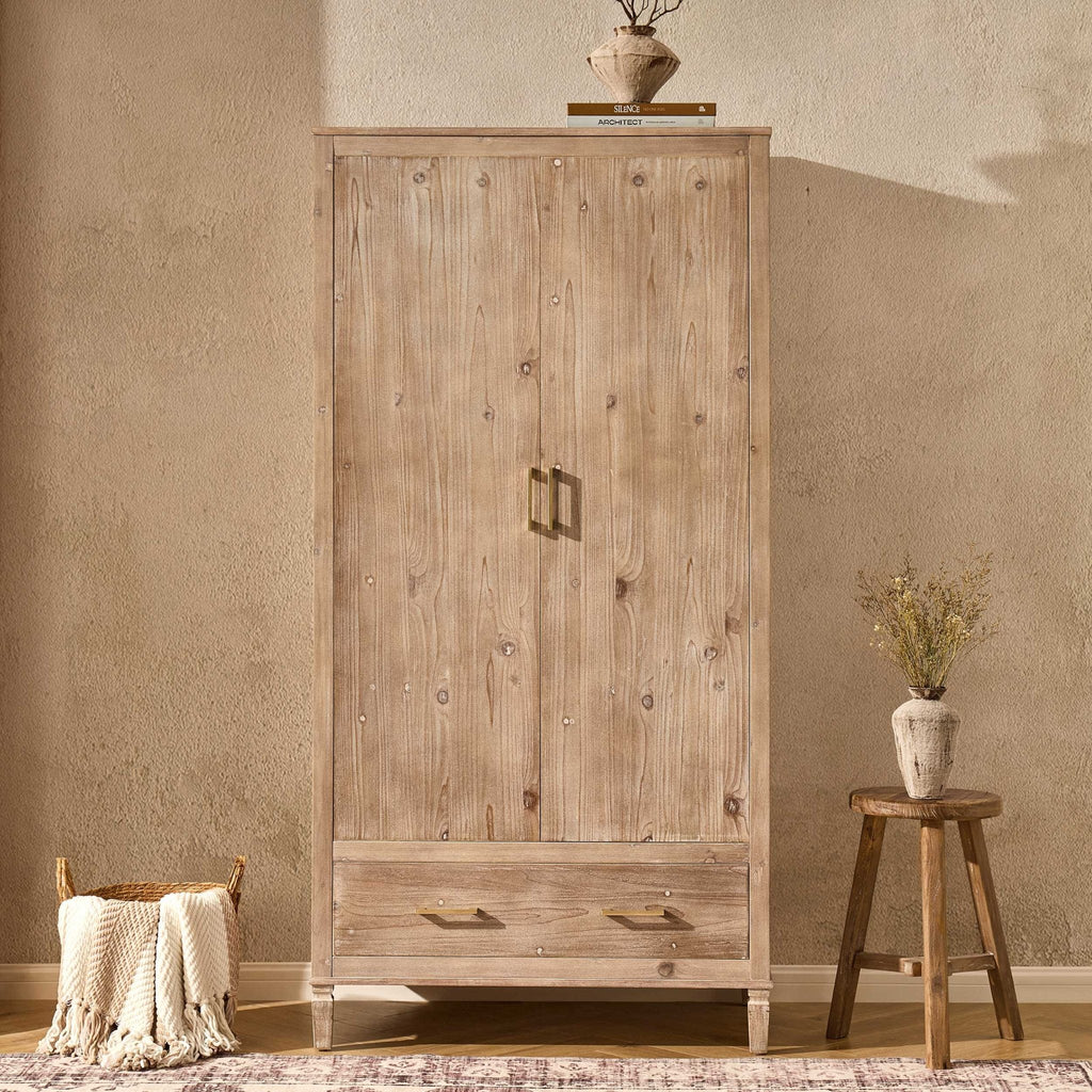 Armoire 2 portes avec tiroirs - Bois cérusé